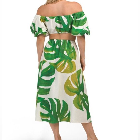 FARM RIO Linen Blend Monstera Midi Knot Dress - Picture 2 of 12